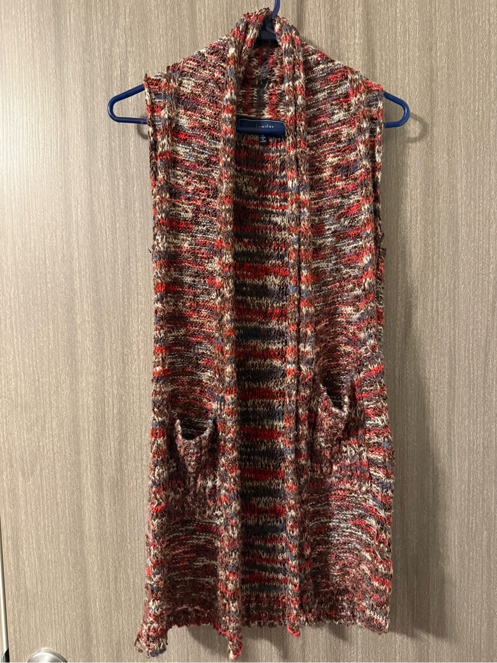 Lumiere Multicolor Knit Sleeveless Long Cardigan Vest - Red, Brown, Cream